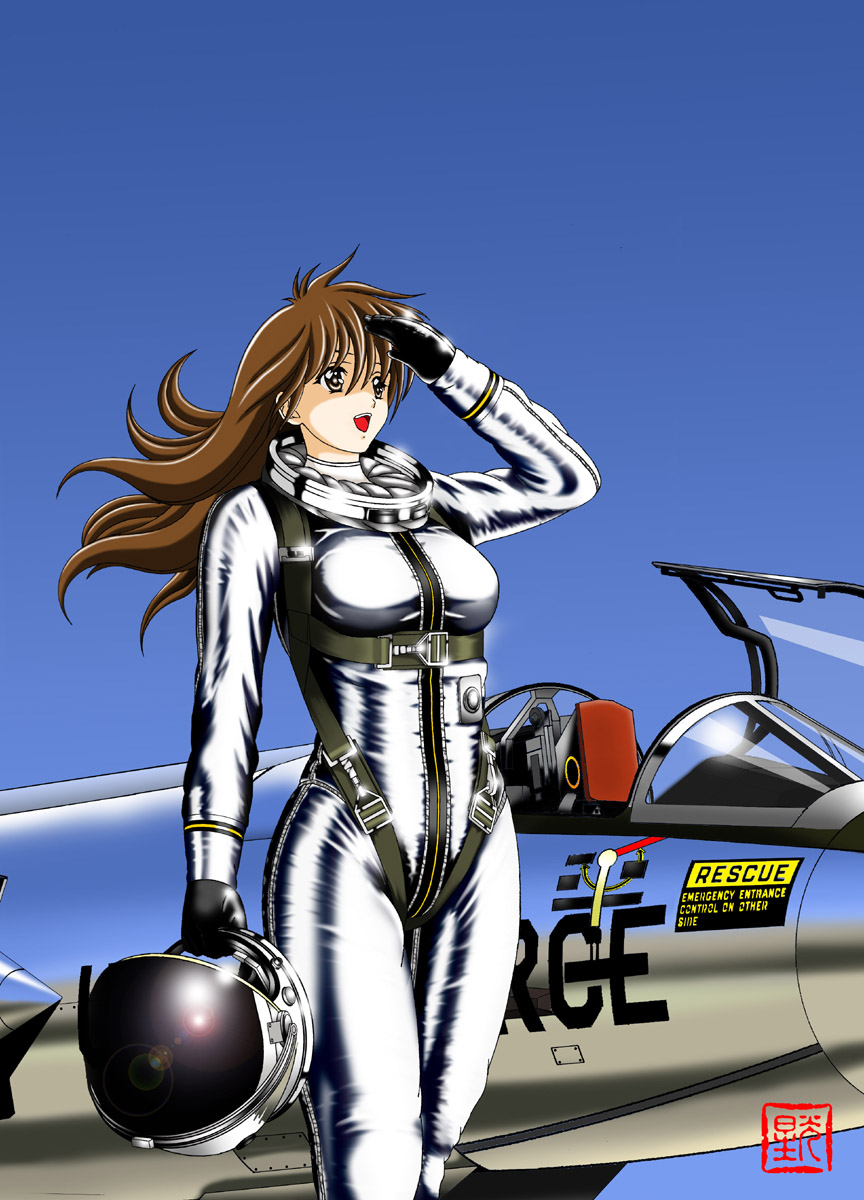 1girl, aircraft, airplane, america, brown_eyes, brown_hair, chuck_yeager, cockpit, ejection_seat, f-104_starfighter, flight_helmet, geitassha, genderswap, genderswap_(mtf), gloves, gradient, gradient_background, headwear_removed, helmet, helmet_removed, highres, jet, lens_flare, long_hair, looking_to_the_side, military, open_mouth, pilot, pilot_suit, real_life, salute, shiny, signature, the_right_stuff, united_states_air_force