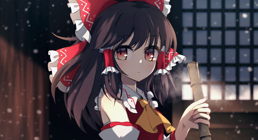 1girl, ascot_removed, bamboo_broom, bangs, bare_shoulders, black_hair, bow, breath