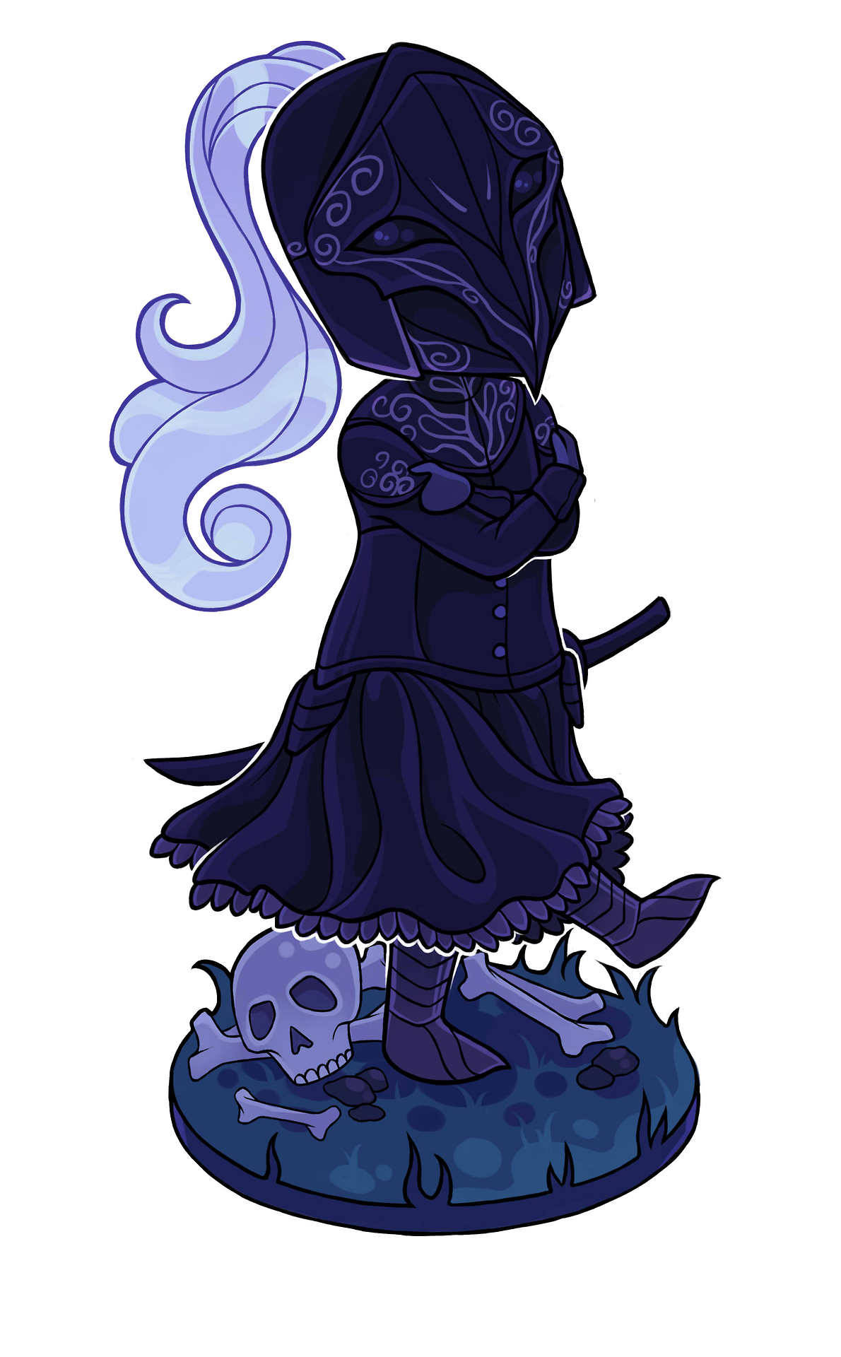 1girl, armor, black_dress, bone, chibi, dark_souls, dark_souls_iii, dress, evilyunia, from_software, highres, painttool_sai_(medium), skull, souls_(from_software), sword, weapon, yuria_of_londor