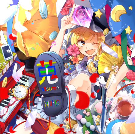 alcohol, black_tea, blonde_hair, bug, butterfly, champagne, dumpling, fan, food, fruit, glasses, hanada_hyou, insect, instrument, kirisame_marisa, knife, lowres, one_eye_closed, peach, phone, piano, rd-sounds, tea, touhou, yin_yang, yorigami_jo'on