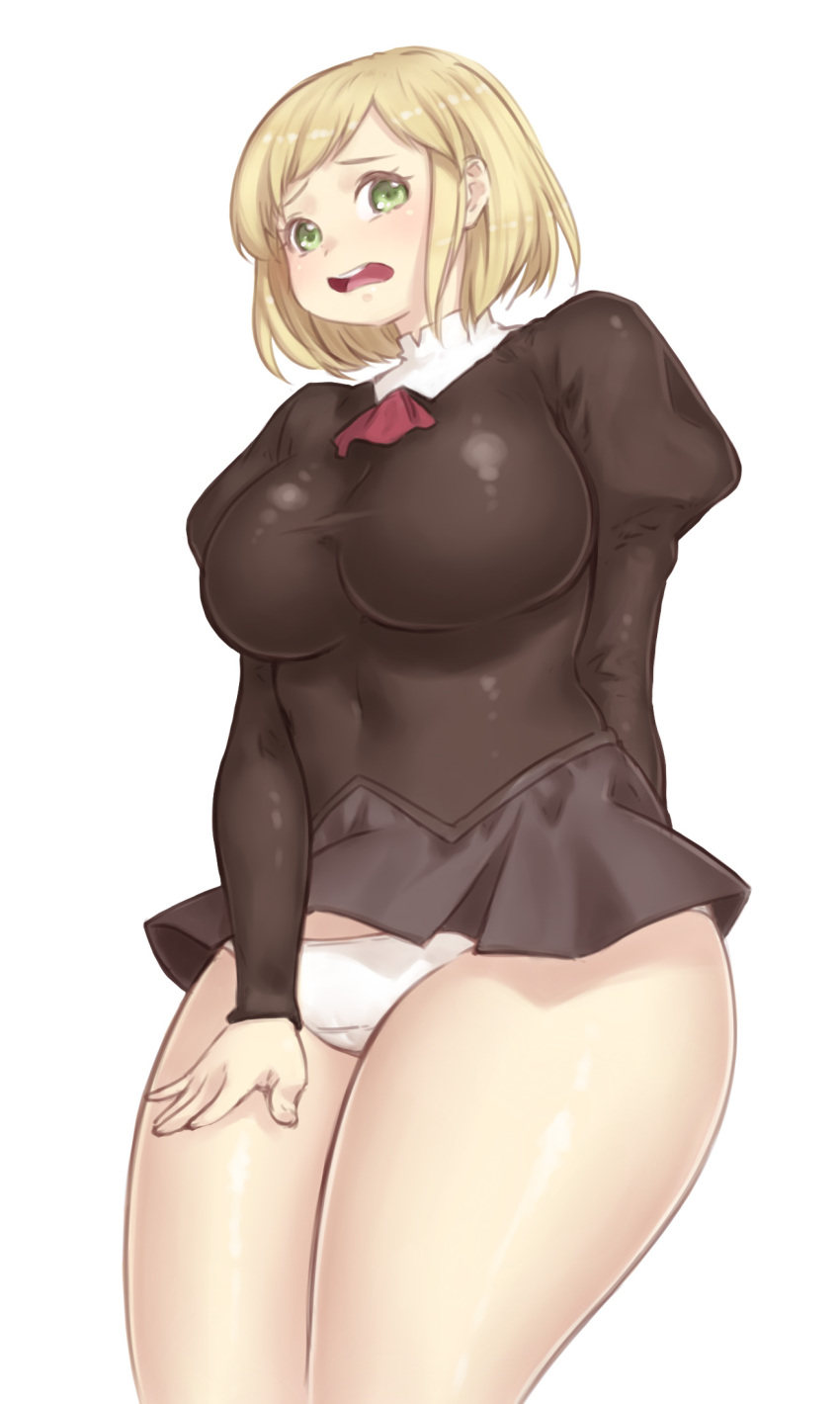1girl, agent_aika, aika_(series), black_delmo, black_jacket, black_skirt, blonde_hair, blush, breasts, covered_navel, covering, covering_crotch, cravat, crotch_seam, curvy, delmogeny_uniform, evenia, highres, jacket, juliet_sleeves, large_breasts, long_sleeves, misaki_(agent_aika), open_mouth, panties, pantyshot, pleated_skirt, plump, puffy_sleeves, red_neckwear, short_hair, skirt, solo, standing, thick_thighs, thighs, underwear, uniform, upper_teeth, white_panties, wind, wind_lift