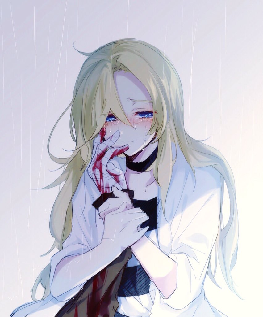 1boy, 1girl, bandages, bangs, black_choker, blonde_hair, blood, bloody_bandages, bloody_hands, blue_eyes, blush, choker, chunnkoromochi, closed_mouth, collarbone, commentary_request, crying, gradient, gradient_background, grey_background, hair_between_eyes, holding, isaac_foster, jacket, long_hair, long_sleeves, looking_at_viewer, nose_blush, open_clothes, open_jacket, rachel_gardner, satsuriku_no_tenshi, shade, shadow, shirt, simple_background, striped, striped_shirt, upper_body, very_long_hair, white_jacket