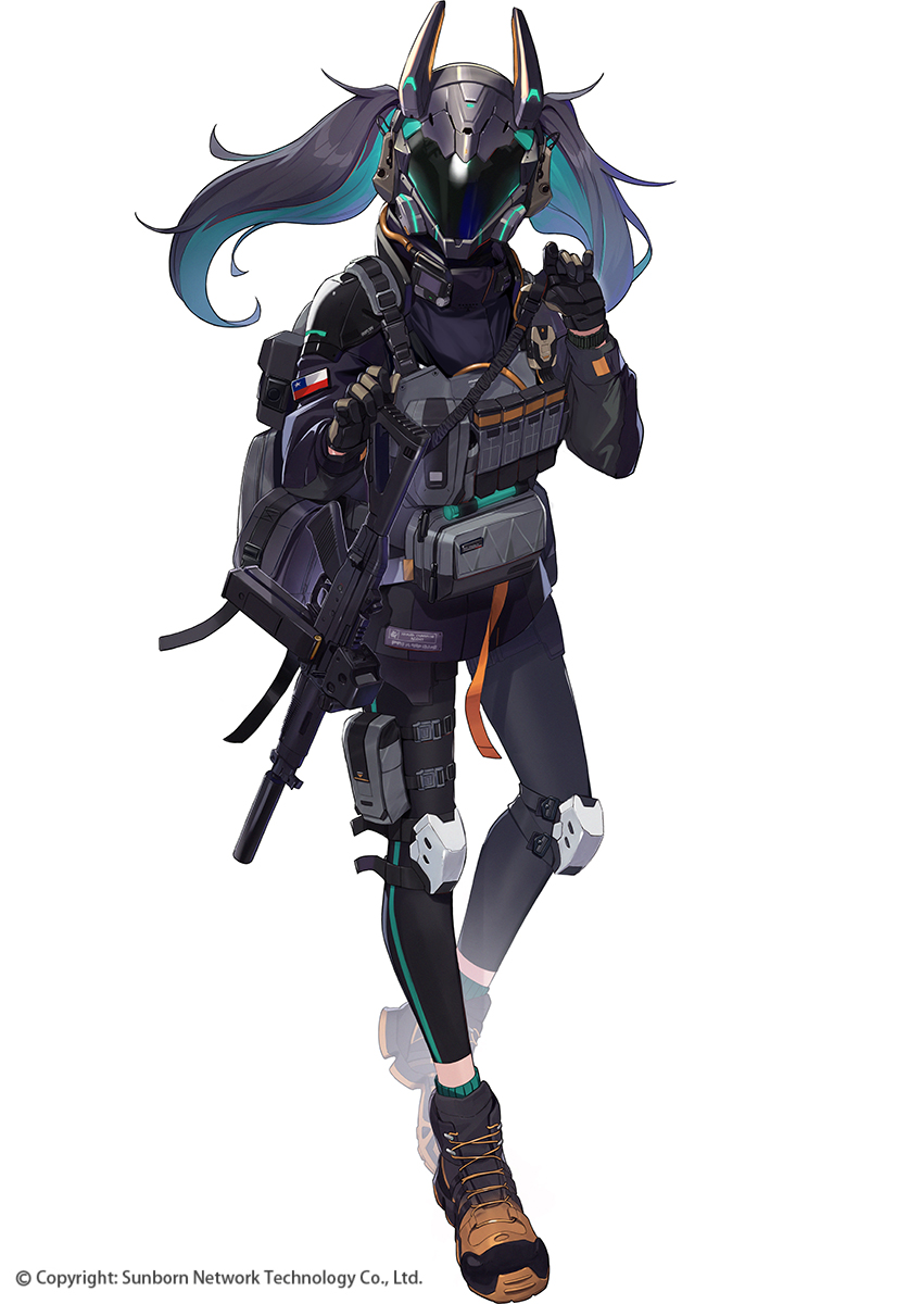 1girl, black_hair, girls_frontline, green_hair, gun, highres, long_hair, multicolored_hair, official_alternate_costume, official_art, ranyu, saf_(girls_frontline), solo, twintails, weapon