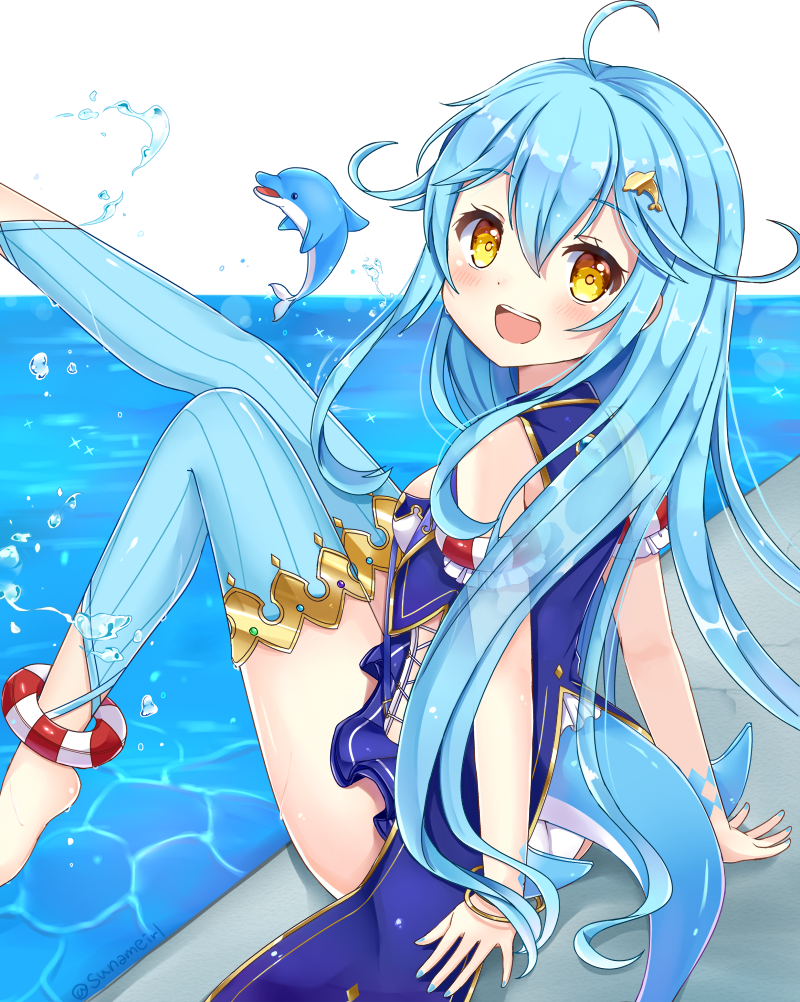 1girl, :d, ahoge, bangs, bare_shoulders, barefoot, blue_legwear, blue_nails