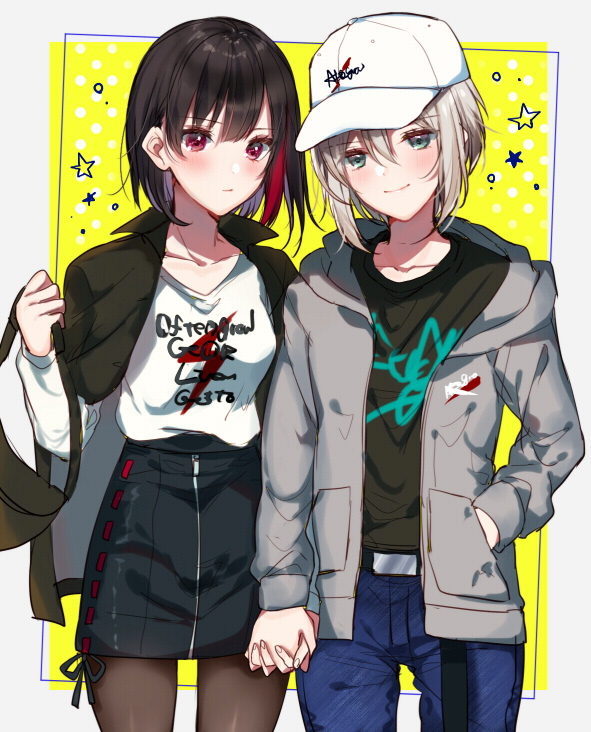 2girls, aoba_moca, bag, bang_dream!, baseball_cap, black_hair, denim, green_eyes, grey_background, hand_in_pocket, handbag, hat, holding_hands, jacket, jacket_on_shoulders, jeans, looking_at_viewer, mitake_ran, mizukikushou, multicolored_hair, multiple_girls, pants, pantyhose, pencil_skirt, red_eyes, redhead, short_hair, skirt, streaked_hair, yuri