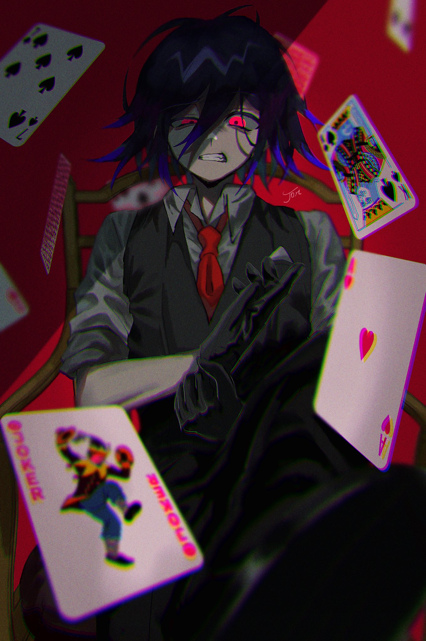 1boy, adjusting_clothes, adjusting_gloves, alternate_costume, bangs, black_gloves, black_hair, black_pants, black_vest, blurry_foreground, card, collared_shirt, commentary_request, danganronpa_(series), danganronpa_v3:_killing_harmony, gloves, grey_shirt, hair_between_eyes, half-closed_eye, highres, joh_pierrot, looking_at_viewer, male_focus, necktie, oma_kokichi, pants, playing_card, purple_hair, red_eyes, red_neckwear, revision, shirt, short_hair, sitting, sleeves_folded_up, solo, teeth, vest