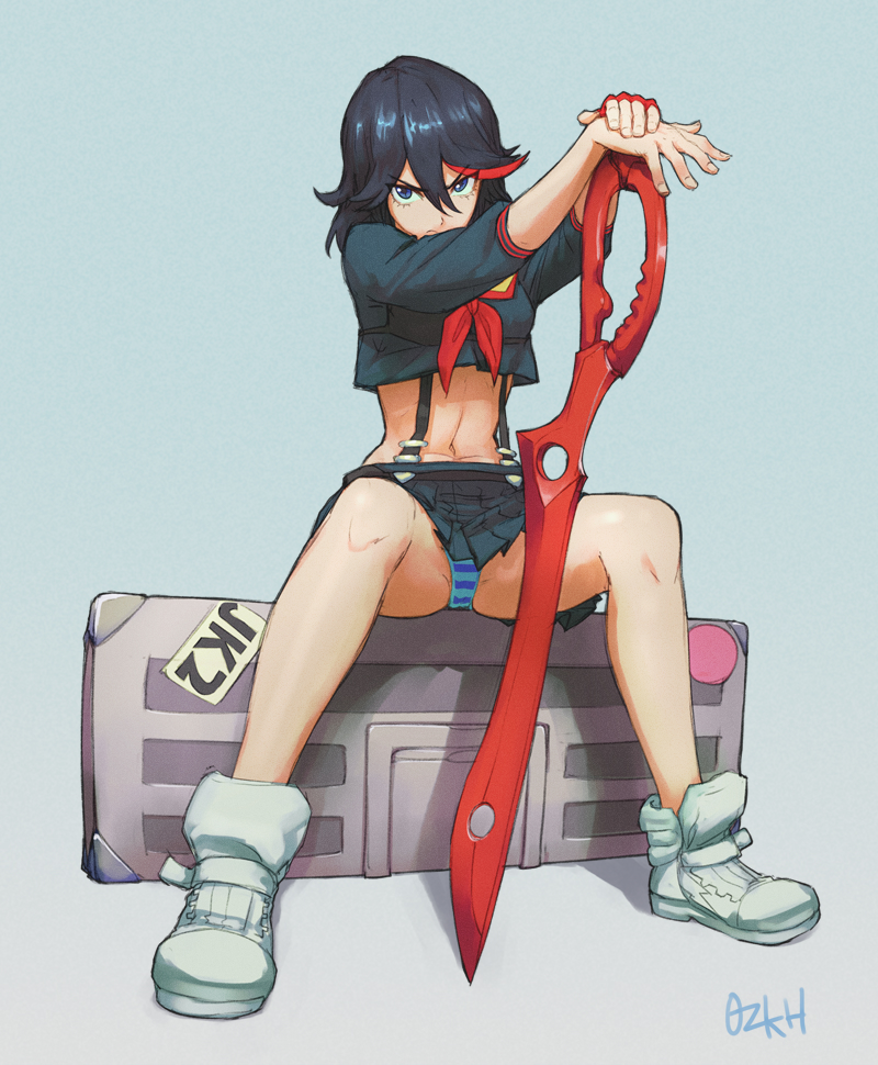 1girl, bangs, black_hair, black_skirt, blue_eyes, blue_panties, breasts, commentary