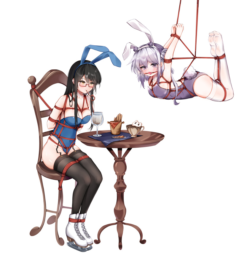 2girls, animal_ears, ball_gag, bdsm, black_hair, bondage, bound, bound_arms