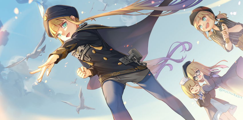 4others, armor, bangs, beret, bird, black_bow, black_jacket, blonde_hair