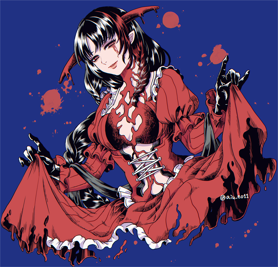 1girl, aiu_eo11, black_gloves, black_hair, bloodless_(bloodstained), bloodstained:_ritual_of_the_night, breasts, dress, dress_lift, gloves, long_hair, looking_at_viewer, red_dress, simple_background, solo