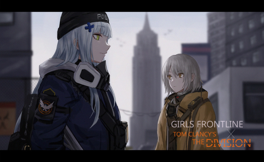 2girls, agent_416_(girls_frontline), agent_vector_(girls_frontline), bangs, black_headwear, blue_hair, blue_jacket, city, closed_mouth, copyright_name, english_text, eyebrows_visible_through_hair, gas_mask, girls_frontline, green_eyes, grey_hair, hat, highres, hk416_(girls_frontline), jacket, long_hair, looking_away, medium_hair, multiple_girls, selcky, silver_hair, uniform, vector_(girls_frontline), yellow_eyes, yellow_jacket