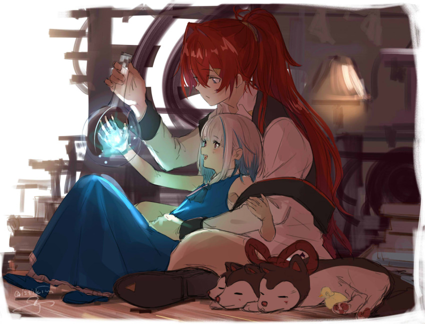 2girls, alternate_hair_length, alternate_hairstyle, ange_katrina, ascot, bird, black_vest, blue_dress