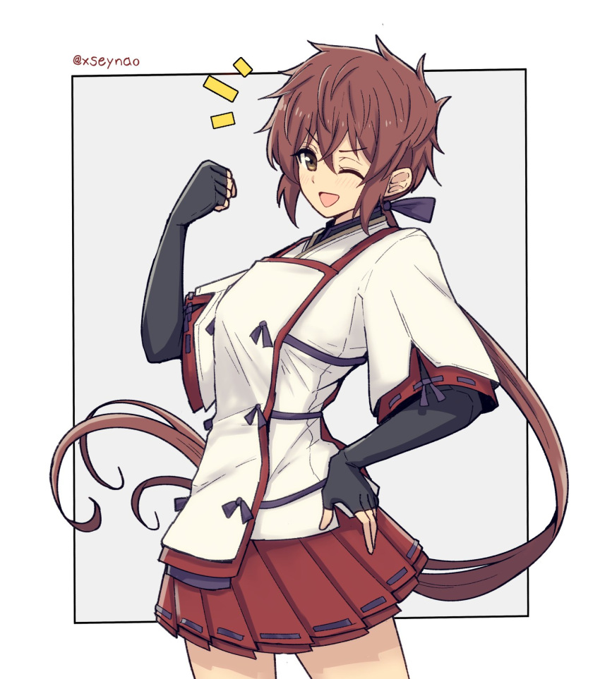 /\/\/\, 1girl, :d, black_gloves, blush, breasts, brown_eyes, clenched_hand