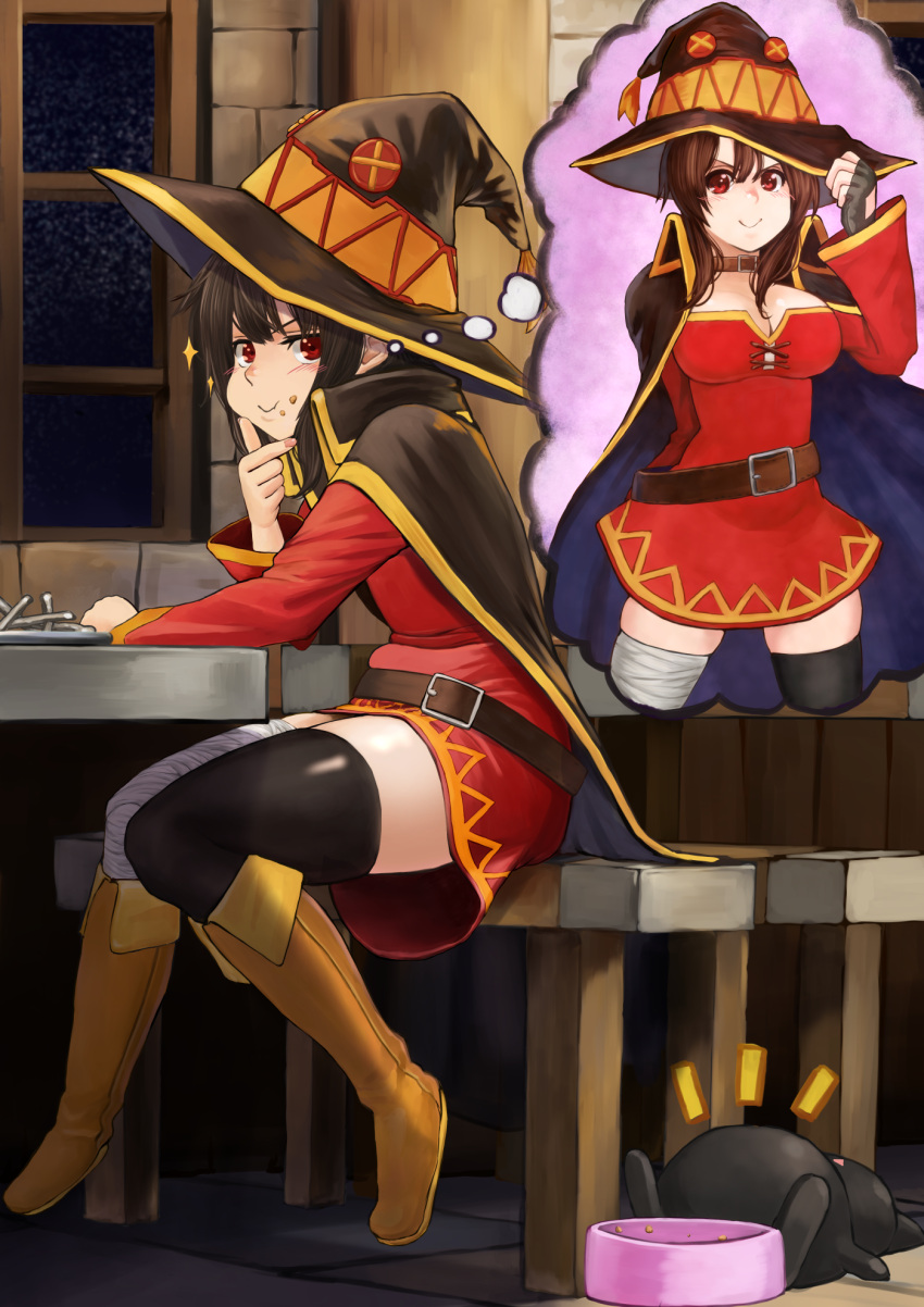 1girl, alternate_breast_size, bandaged_leg, bandages, belt, black_cape, black_cat, black_gloves, black_legwear, boots, breasts, brown_collar, brown_footwear, brown_headwear, cape, cat, chomusuke, clenched_hand, collar, commentary_request, fat, finger_to_chin, gloves, hat, highres, imagining, indoors, izawa_koushi, knee_boots, kono_subarashii_sekai_ni_shukufuku_wo!, large_breasts, looking_at_viewer, megumin, multiple_views, night, red_eyes, revision, short_hair, sitting, smile, thigh-highs, thought_bubble, window, witch_hat