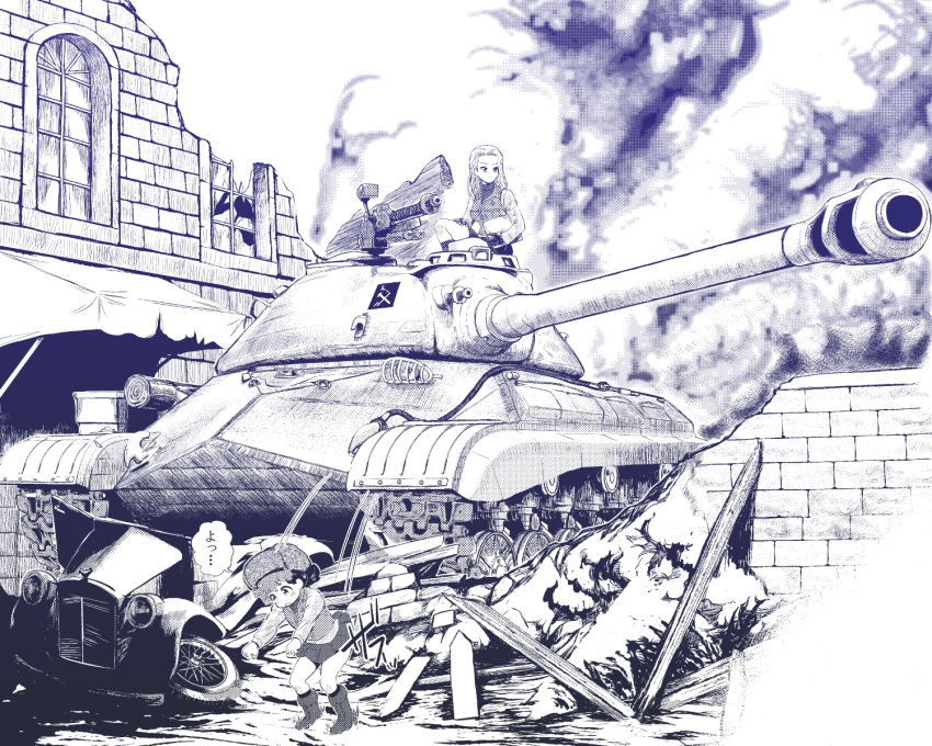 2girls, bangs, blush_stickers, boots, building, car, clara_(girls_und_panzer), clipboard