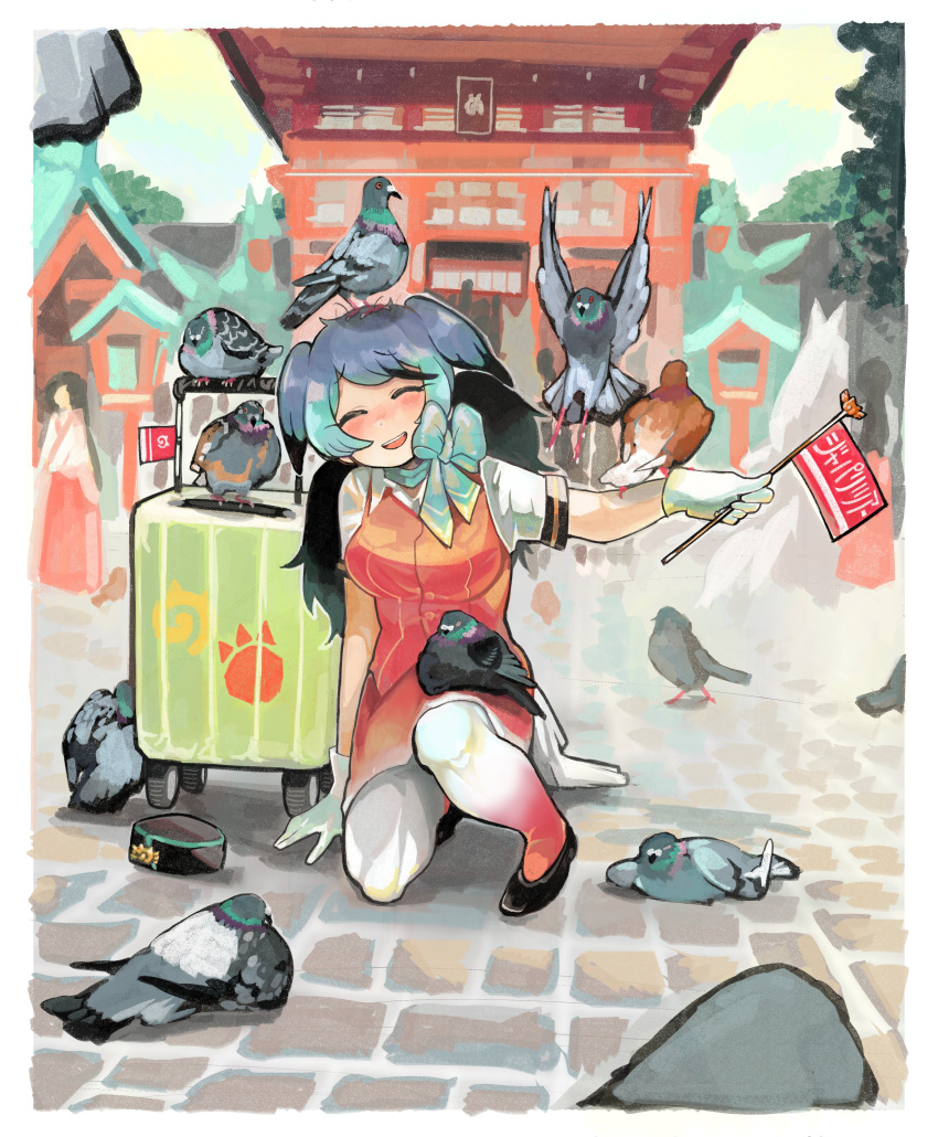 1girl, absurdres, animal, animal_on_arm, animal_on_head, aqua_hair, bare_arms, bird