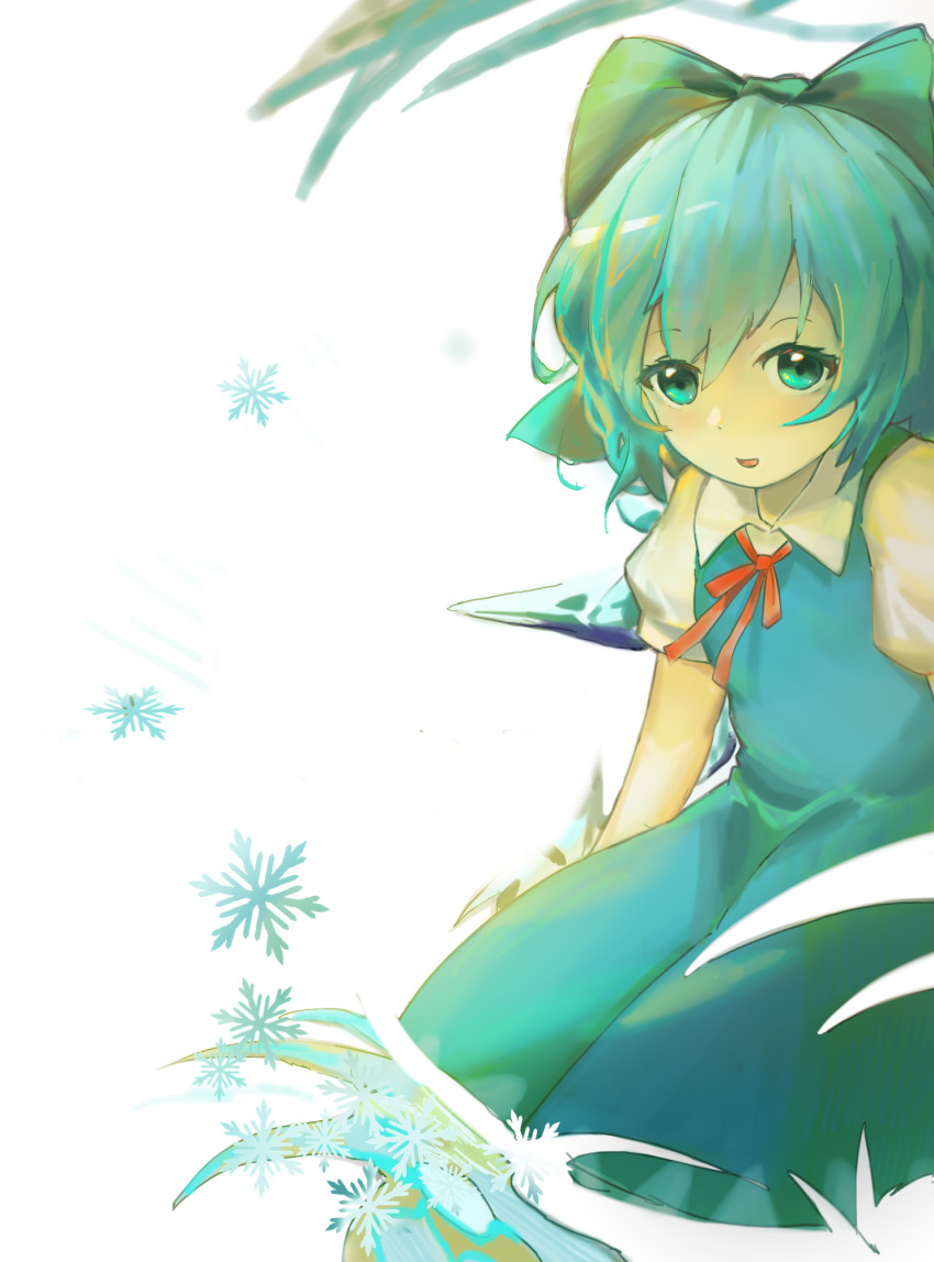 1girl, blue_bow, blue_dress, blue_eyes, blue_hair, bow, cirno, collared_shirt