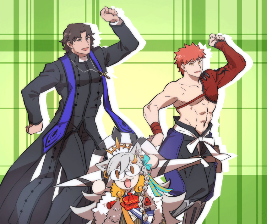 1girl, 2boys, abs, braid, brown_hair, carnival_phantasm, cross, cross_necklace
