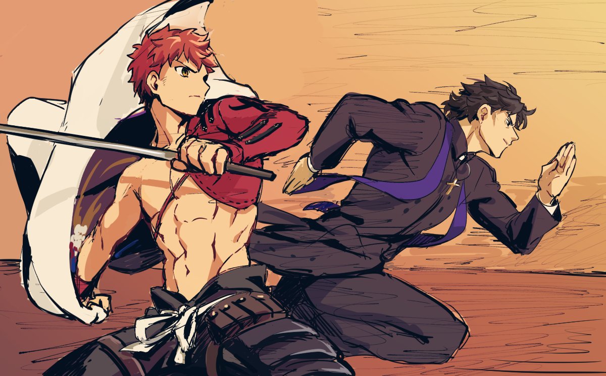 2boys, brown_hair, cross, cross_necklace, emiya_shirou, fate/grand_order, fate_(series), fighting_stance