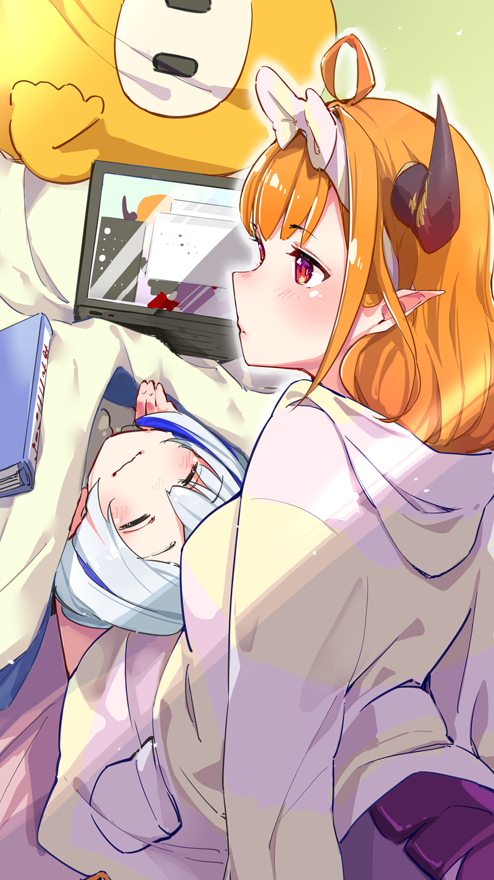 2girls, ahoge, amane_kanata, angel, bangs, blue_hair, blunt_bangs, blush