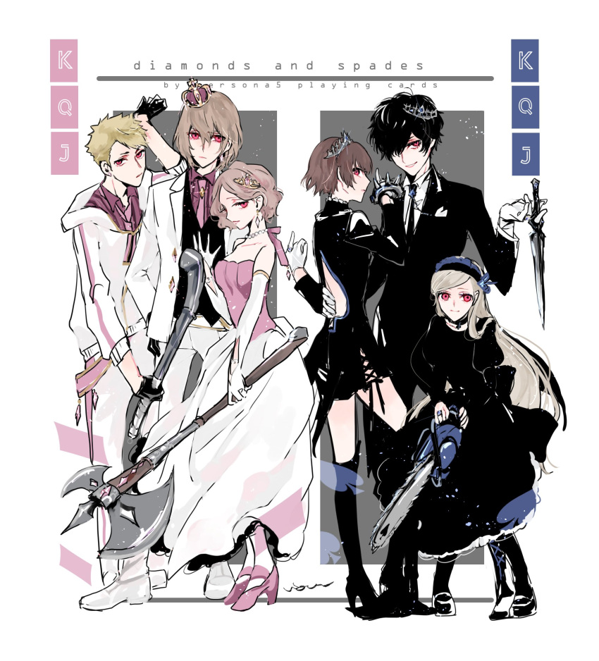 3boys, 3girls, akechi_gorou, amamiya_ren, axe, backless_dress, backless_outfit, bare_back