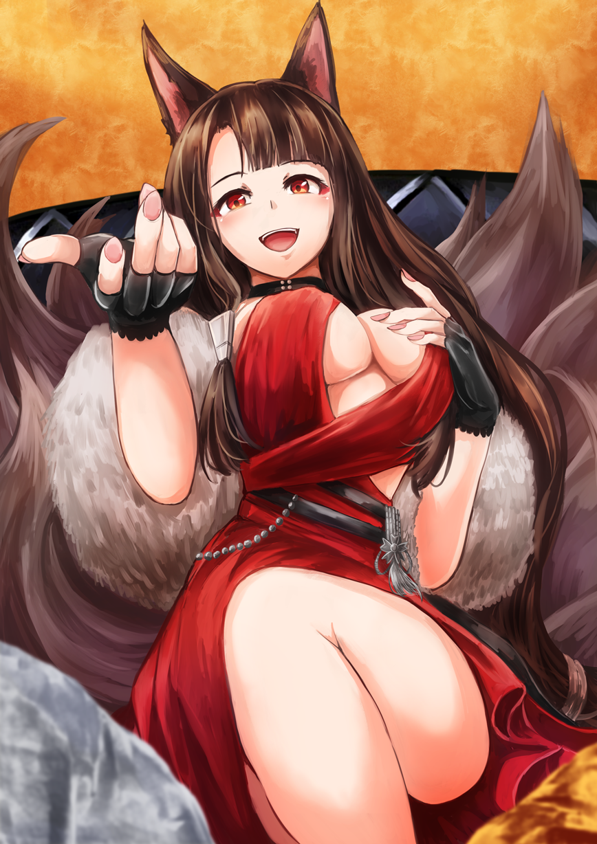 1girl, akagi_(azur_lane), akagi_(blushing_intoxication)_(azur_lane), animal_ears, azur_lane, black_gloves, breasts, brown_hair