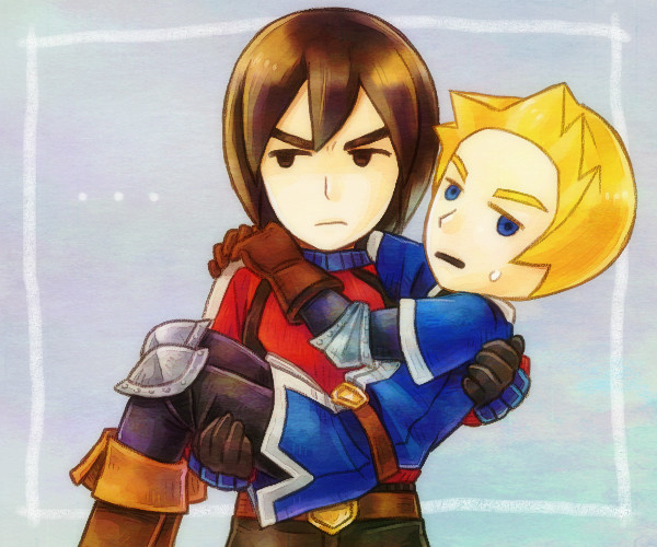 2boys, annoyed, arms_around_neck, belt, belt_buckle, black_gloves, black_hair, black_pants