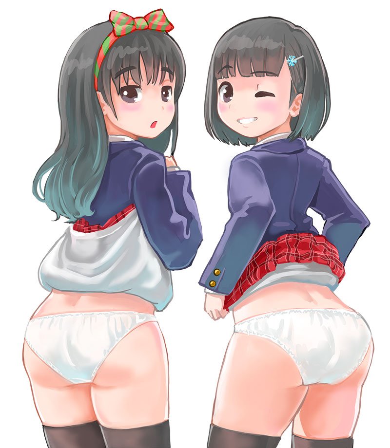 2girls, ass, bangs, black_eyes, black_legwear, blunt_bangs, blush, bob_cut