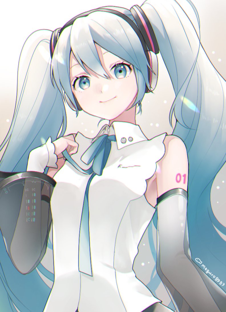 1girl, aqua_eyes, aqua_hair, aqua_neckwear, bare_shoulders, binchou_maguro, commentary, detached_sleeves
