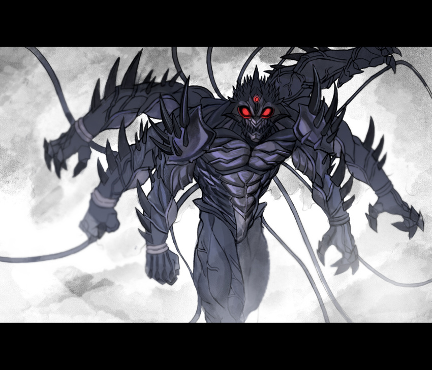arm_blade, blue_skin, claws, colored_skin, compound_eyes, extra_arms, fins, glowing