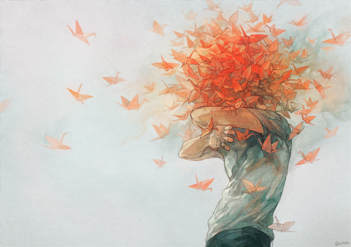 1boy, covering_face, hidden_face, origami, original, paper_crane, shirt, surreal
