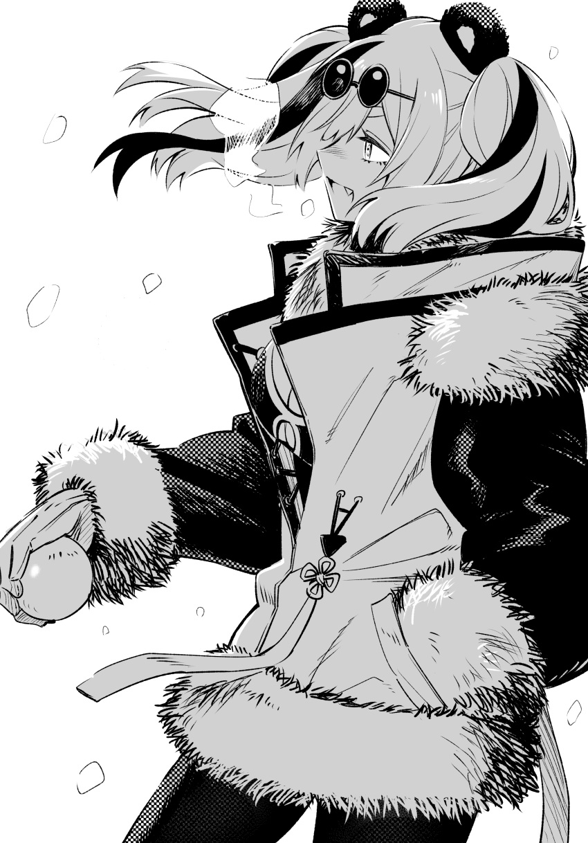 1girl, absurdres, animal_ears, arknights, coat, eyewear_on_head, fang, feater_(arknights)