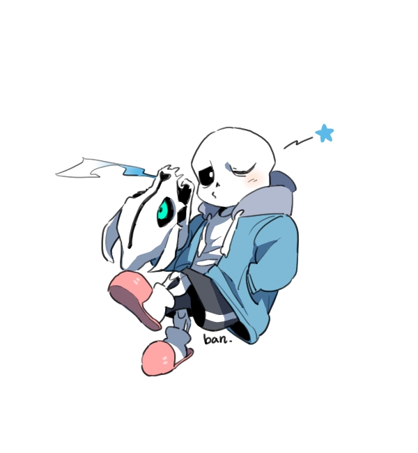 arm_cannon, artist_name, ban_(3551702), black_shorts, blue_hoodie, blue_jacket, blush, commentary_request, floating, gasterblaster, hand_in_pocket, hood, hooded_jacket, hoodie, jacket, long_sleeves, male_focus, o3o, one_eye_closed, pink_footwear, sans_(undertale), shirt, shorts, signature, simple_background, skeleton, slippers, star_(symbol), striped, striped_shorts, super_smash_bros., undertale, white_background, white_shirt