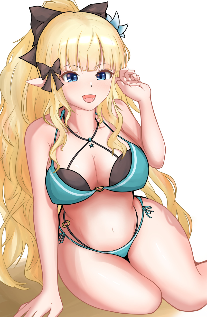1girl, absurdres, bangs, bikini, black_bow, blonde_hair, blue_eyes, blush, bow, breasts, elf, eyebrows_visible_through_hair, flower, hair_bow, hair_flower, hair_ornament, highres, large_breasts, long_hair, looking_at_viewer, navel, open_mouth, pointy_ears, ponytail, princess_connect!, princess_connect!_re:dive, raldest, saren_(princess_connect!), smile, solo, swimsuit
