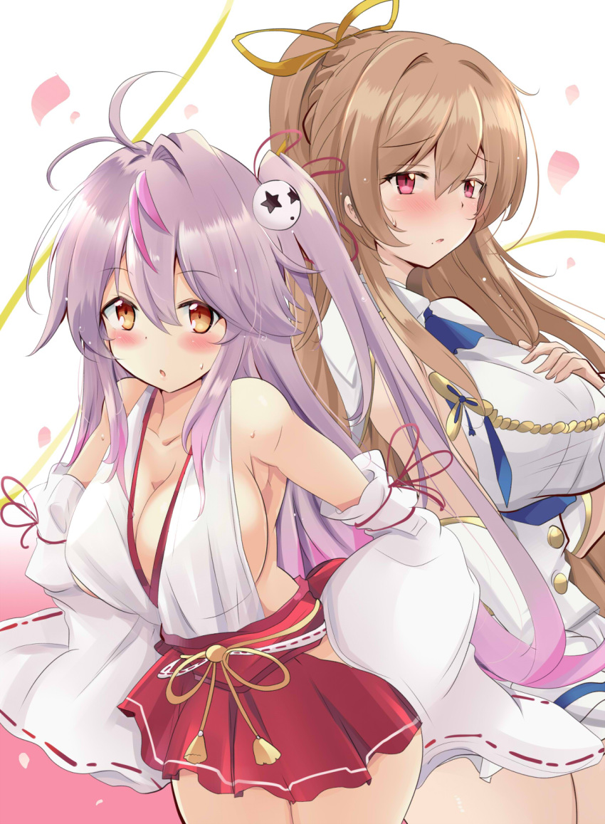 2girls, ahoge, alternate_costume, azur_lane, bare_shoulders, blue_skirt, braid, breasts