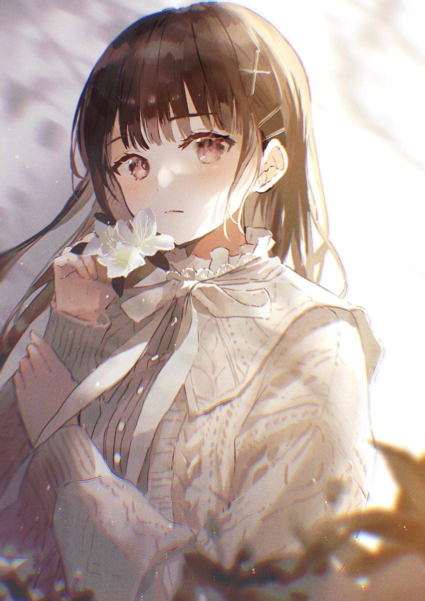 1girl, arms_up, azalea_(flower), bangs, blurry, blurry_background, blurry_foreground, brown_eyes, brown_hair, cardigan, commentary_request, expressionless, eyebrows_visible_through_hair, flower, grey_shirt, hair_ornament, hairclip, highres, holding, holding_flower, light_particles, long_hair, looking_at_viewer, neck_ribbon, original, oyuyu, partial_commentary, ribbon, shirt, solo, standing, upper_body, very_long_hair, white_cardigan, white_neckwear, x_hair_ornament