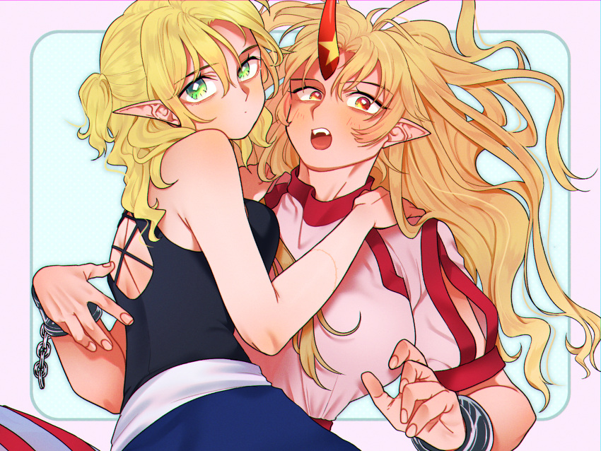 2girls, adapted_costume, aqua_background, arms_up, bare_arms, bare_shoulders, black_shirt, blonde_hair