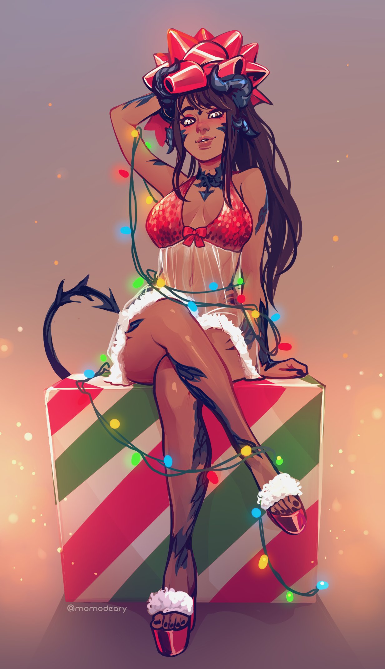 1girl, arm_up, au_ra, bangs, black_hair, black_horns, blush, box