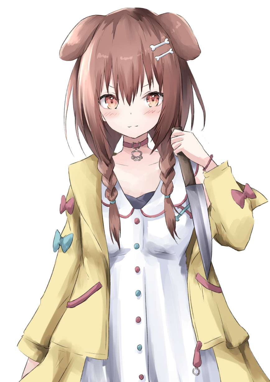 1girl, animal_ears, bangs, bare_shoulders, blue_bow, bone_hair_ornament, bow, braid