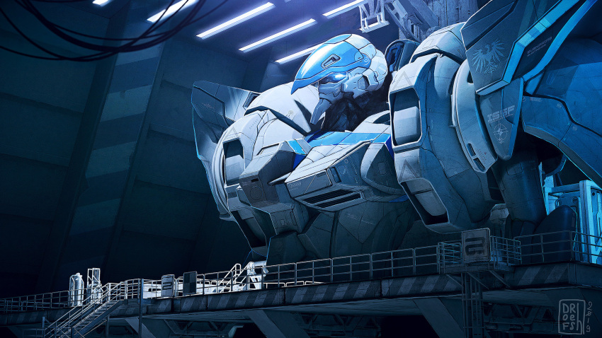 blue_theme, bridge, commentary, dated, dofresh, english_commentary, evenprime, highres, mecha, no_humans, robot, science_fiction, signature