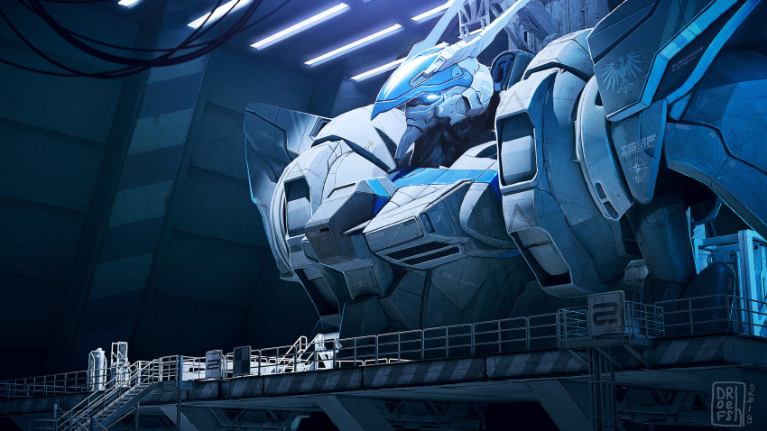 blue_theme, bridge, commentary, dated, dofresh, english_commentary, evenprime, highres, mecha, no_humans, robot, science_fiction, signature