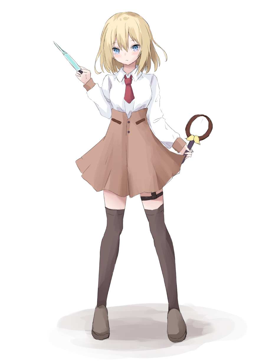 1girl, bangs, blonde_hair, blue_eyes, blush, brown_legwear, brown_skirt, collared_shirt
