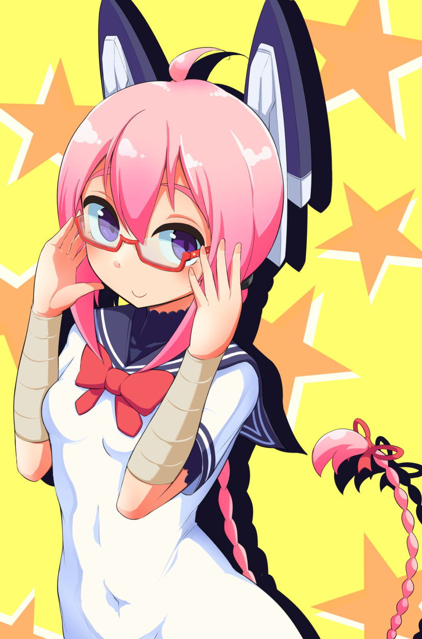 1girl, ahoge, bandaged_arm, bandages, bangs, bespectacled, blue_sailor_collar, braid, breasts, covered_navel, dress, glasses, hair_between_eyes, headgear, highres, ishitsubute, kantai_collection, long_hair, nenohi_(kantai_collection), pink_hair, red-framed_eyewear, red_neckwear, sailor_collar, sailor_dress, short_sleeves, simple_background, single_braid, small_breasts, smile, solo, starry_background, very_long_hair, violet_eyes, white_dress, yellow_background