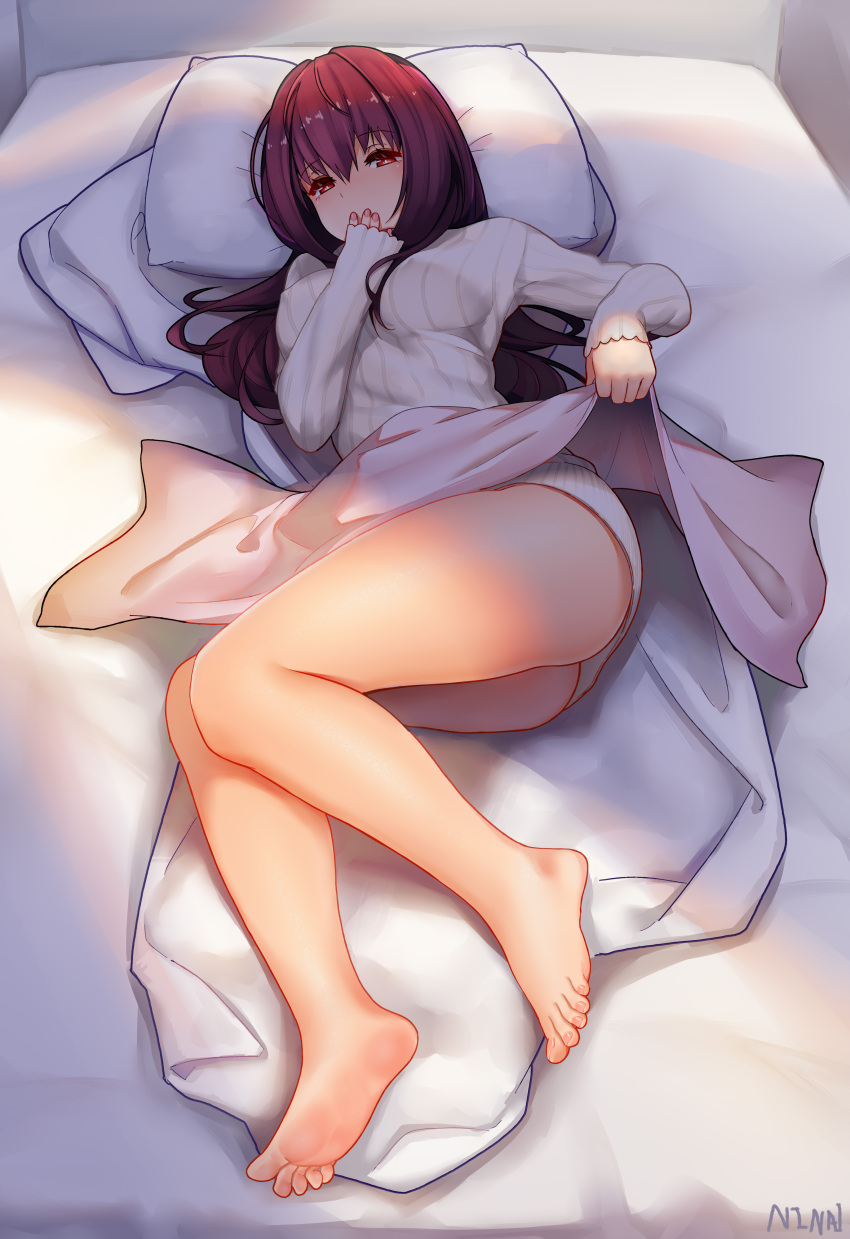 1girl, absurdres, bare_legs, barefoot, bed, bed_sheet, breasts, covered_nipples