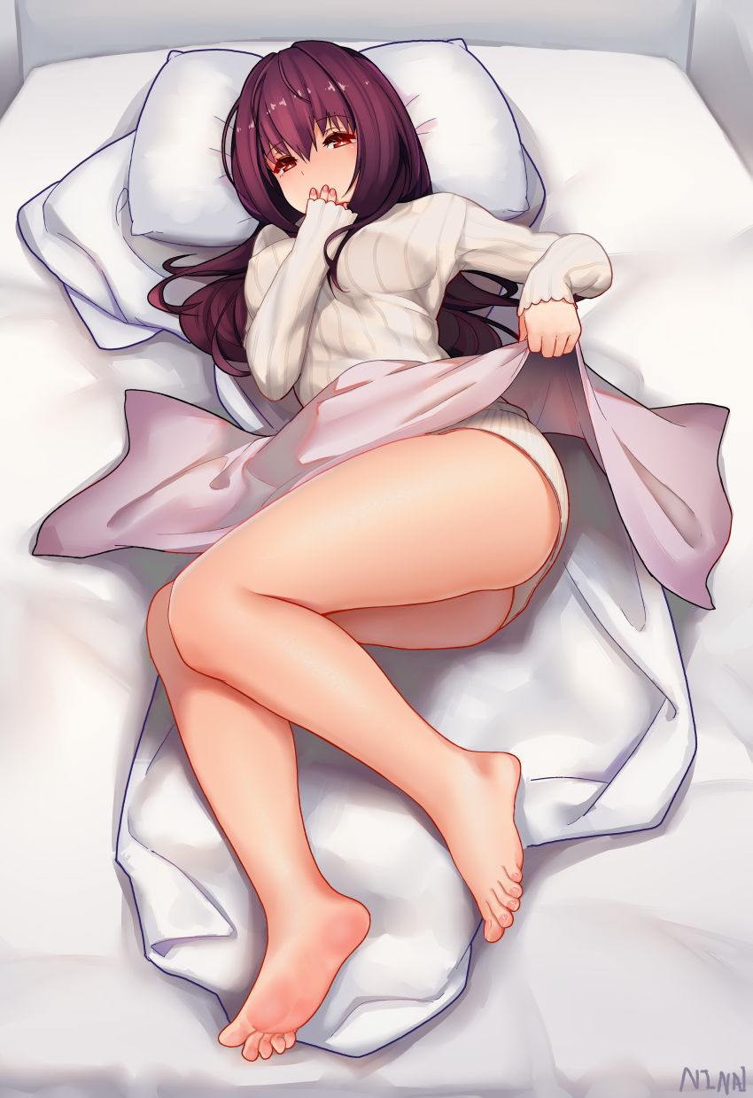 1girl, absurdres, bare_legs, barefoot, bed, bed_sheet, breasts, covered_nipples