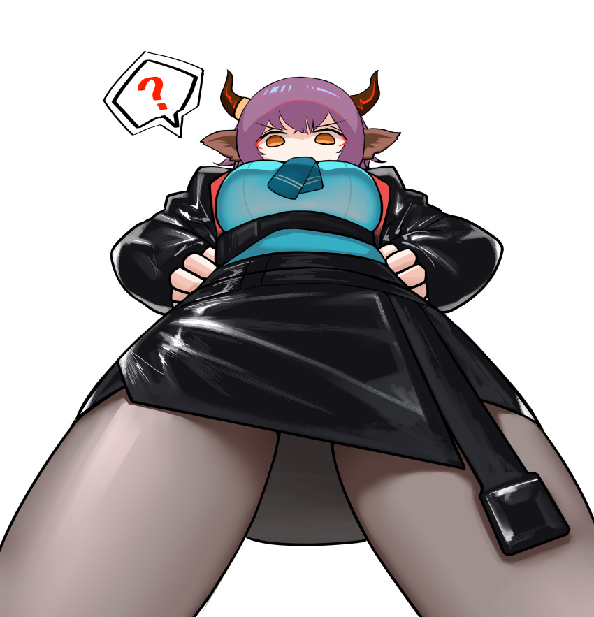 1girl, ?, absurdres, animal_ears, arknights, bangs, bingbingzi, black_jacket, black_legwear, black_skirt, blue_shirt, brown_eyes, buffalo_ears, from_below, hands_on_hips, highres, horns, jacket, long_sleeves, looking_down, necktie, open_clothes, open_jacket, pantyhose, purple_hair, shirt, short_hair, sideroca_(arknights), simple_background, skirt, solo, speech_bubble, spoken_question_mark, white_background