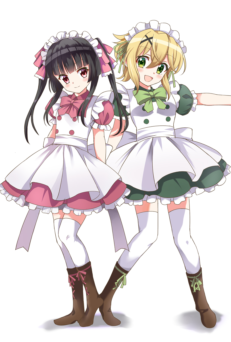 2girls, akatsuki_kirika, alternate_costume, apron, bangs, black_hair, blonde_hair, blunt_bangs