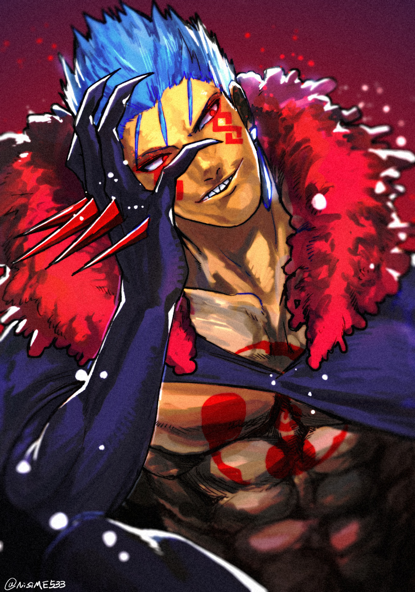 1boy, abs, absurdres, angry, blue_hair, bodypaint, cape, claws, closed_mouth, collarbone, cu_chulainn_(fate)_(all), cu_chulainn_alter_(fate/grand_order), dark_persona, earrings, facepaint, fate/grand_order, fate_(series), fur-trimmed_cape, fur_trim, hand_on_own_face, highres, jewelry, looking_to_the_side, male_focus, monster_boy, muscle, red_eyes, sharp_teeth, skin_tight, solo, spikes, spiky_hair, teeth, twitter_username, type-moon, udaruga