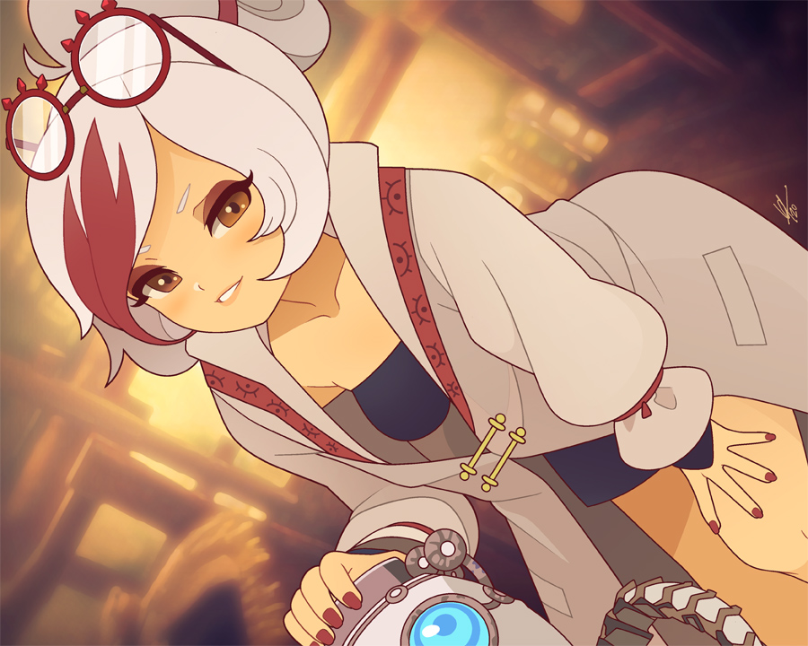 1girl, black_dress, breasts, coat, dress, dutch_angle, eyeshadow, feet_out_of_frame