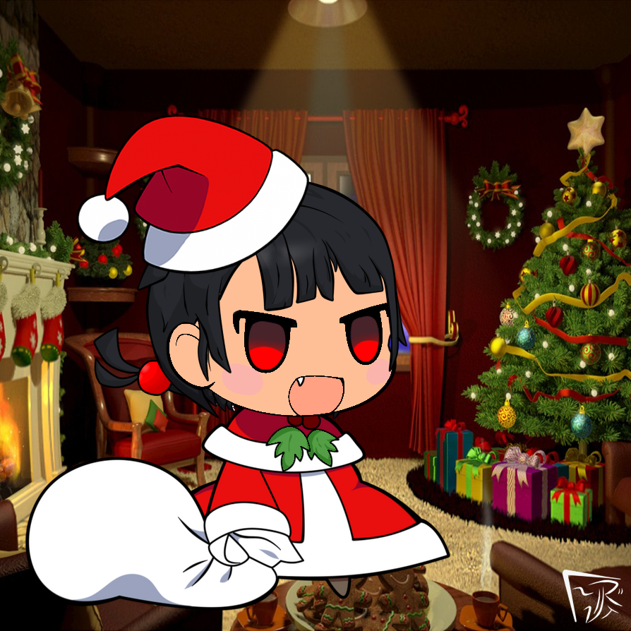 1girl, black_hair, blush, chibi, christmas, dress, hat, padoru